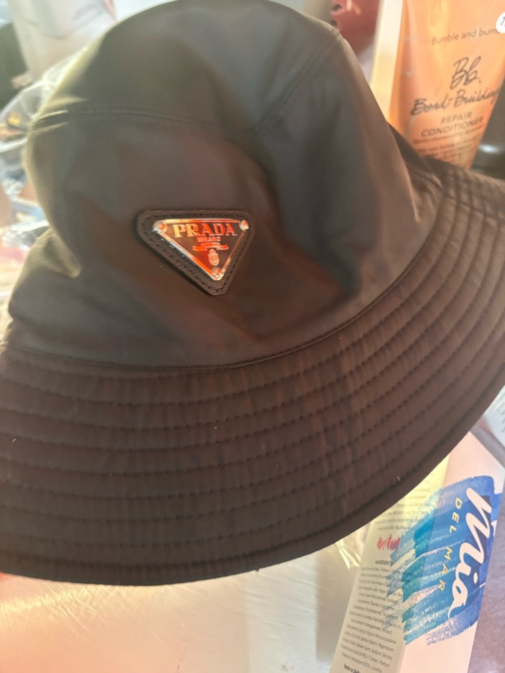 NEW Prada Black Nylon Bucket Hat with Logo Patch